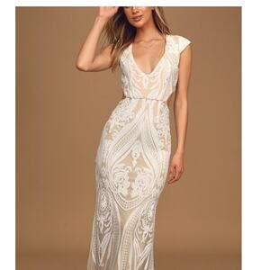 NWT Lulu's Sz S   Beaded, Cutout, Mermaid Formal Wedding Maxi Dress Gown